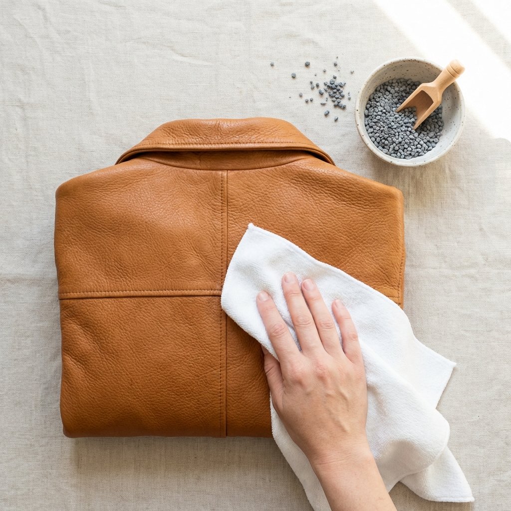 A beautifully composed flat lay image, resembling professional product photography, showcasing the initial steps of preparing goat leather for odor removal. A luxurious, folded piece of clean goat leather (e.g., a jacket or a briefcase) is centered on a light, neutral surface. Nearby, a soft, dry microfiber cloth is positioned as if gently wiping a section of the leather, highlighting the cleaning process. Adjacent to the leather, a small, elegant ceramic bowl contains natural odor absorbers like baking soda or activated charcoal granules, with a delicate wooden scoop. The lighting is bright and natural, emphasizing texture and cleanliness.