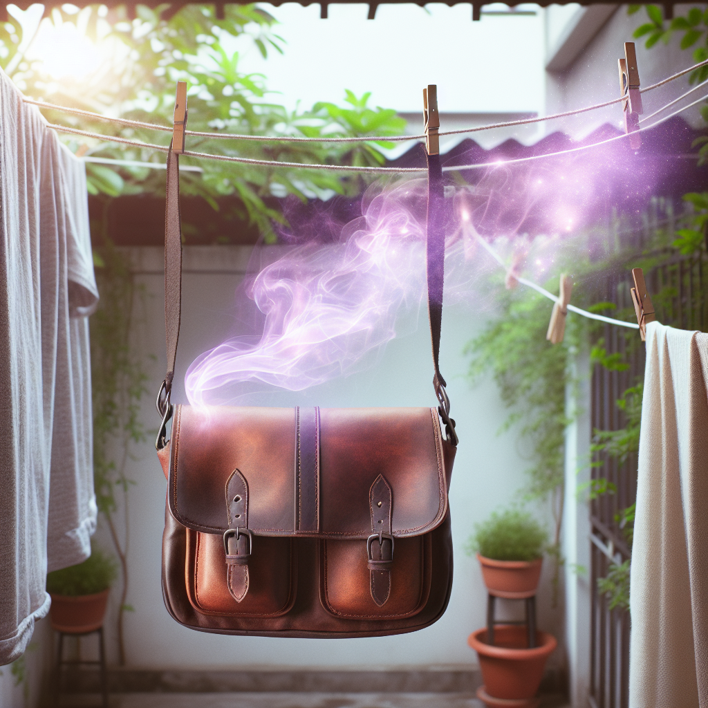 A rustic yet stylish goat leather messenger bag hanging on a clothesline on a bright, airy balcony. A very subtle, translucent purple 'smell' aura is gently lifting and dissolving from the bag into the fresh, clean air, symbolizing odor dissipation. The background features blurred green plants and soft natural light.