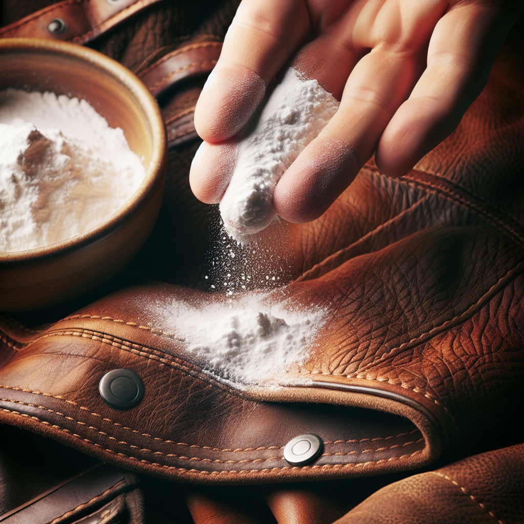 A close-up, high-detail shot of a hand gently sprinkling white baking soda powder onto a textured section of a warm brown goat leather jacket or bag. The leather shows fine grains and a slightly worn, authentic feel. A small, simple ceramic bowl holding more baking soda is visible, slightly out of focus, in the background. Natural, soft light.