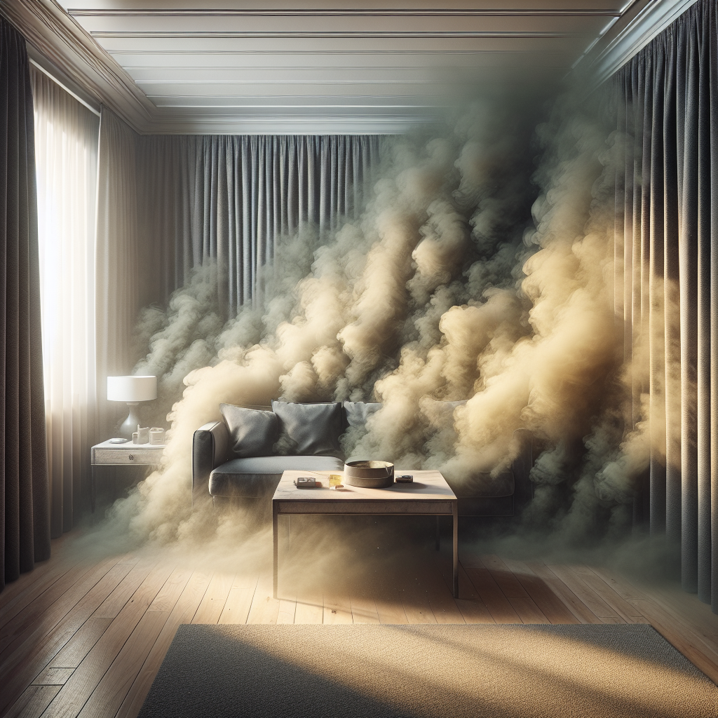 A living room heavy with a thick, unpleasant, yellowish-grey cigarette smoke clinging visibly to the curtains, sofa, and walls, creating a stale and unwelcoming atmosphere. Realistic photography, indoor shot.
