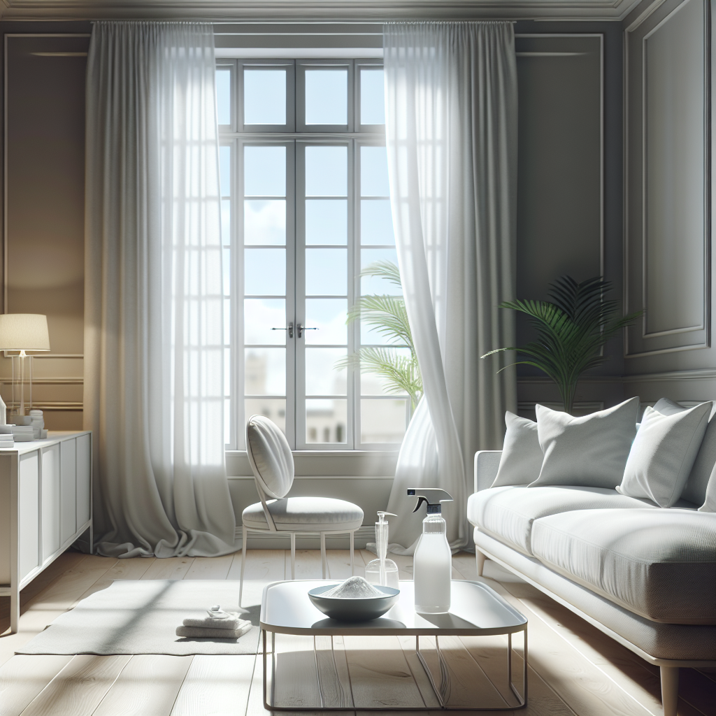 A bright, clean, and fresh living room with open windows letting in sunlight and a gentle breeze, showcasing a sparkling clean sofa and curtains. A bowl of baking soda and a spray bottle are subtly placed on a table, symbolizing effective cleaning. Realistic photography, indoor shot.