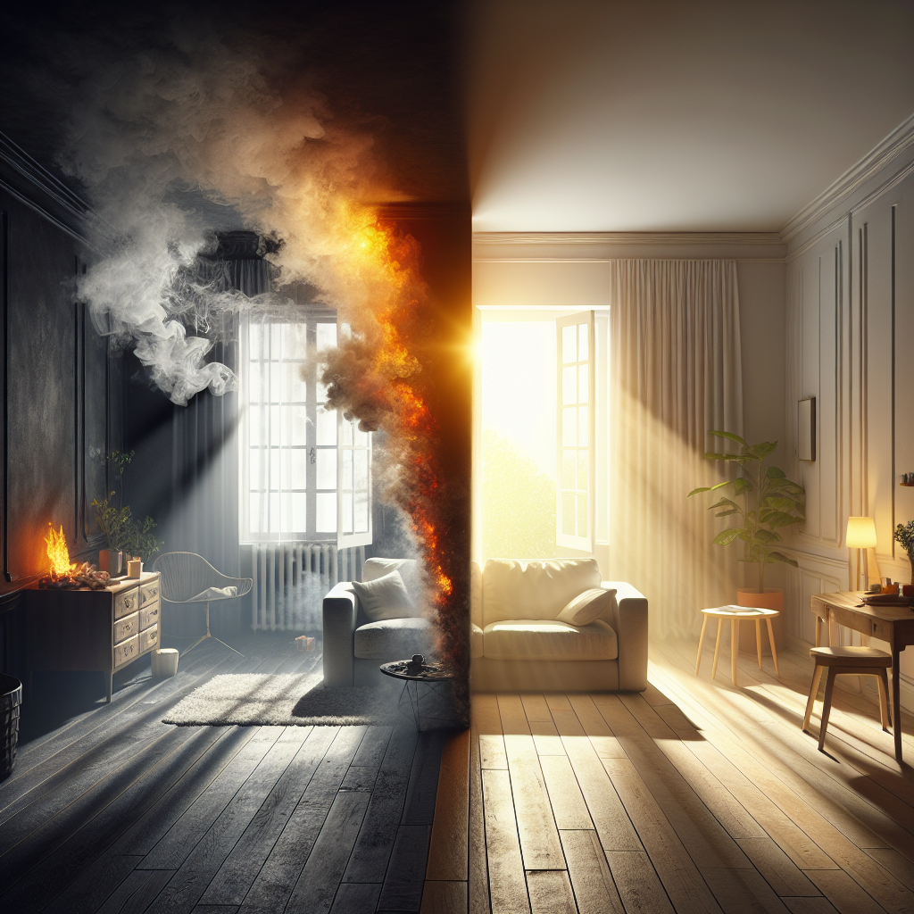 A domestic living room, half of which is dimly lit and filled with subtle, lingering cigarette smoke, visually transitioning into the other half which is bright, airy, and appears freshly cleaned, with an open window allowing sunlight and fresh air to stream in. Emphasize the transformation from stale to fresh.