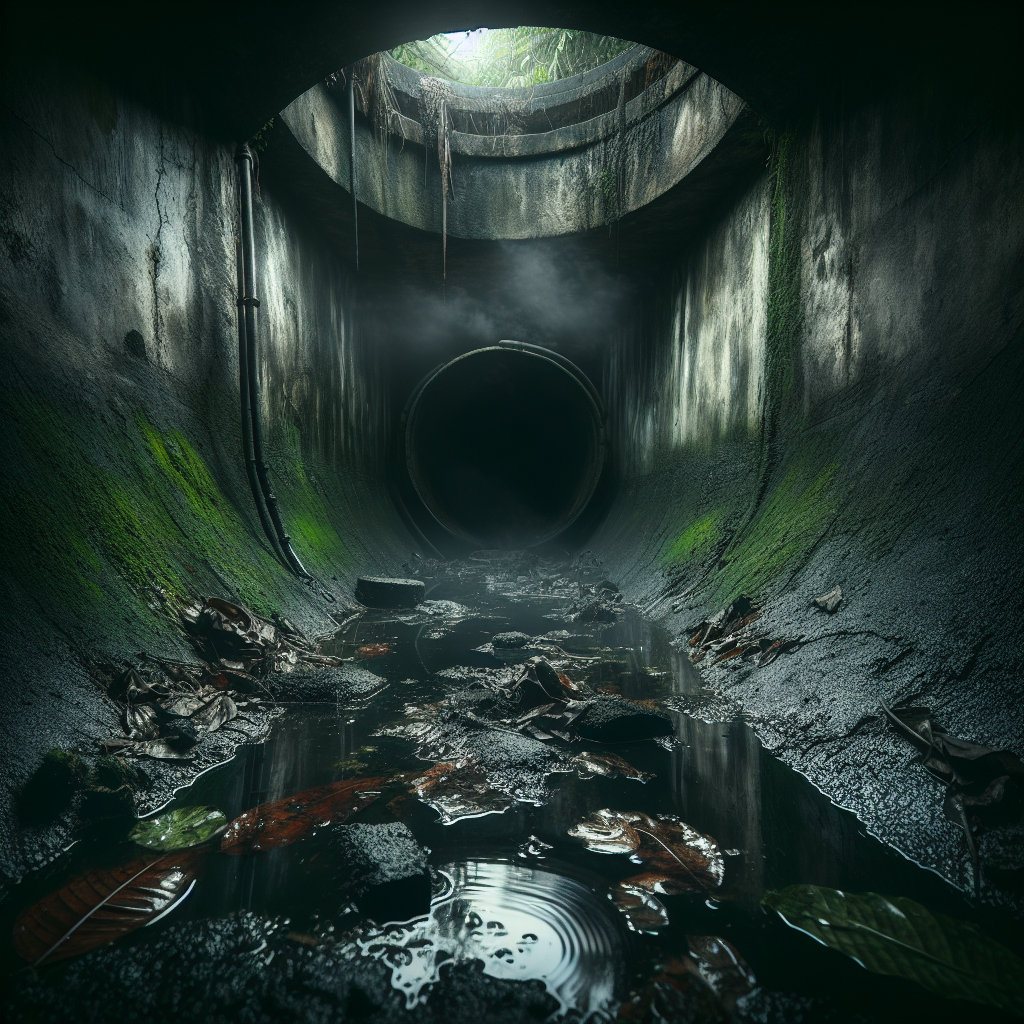 A dark, underground rainwater cistern with murky, stagnant water. Visible decaying leaves and a layer of sludge are at the bottom, and green algae cling to the walls. A faint, unpleasant, foul-smelling vapor visibly rises from the opening. The scene evokes a strong sense of neglect and bad odor. Realistic, atmospheric lighting.