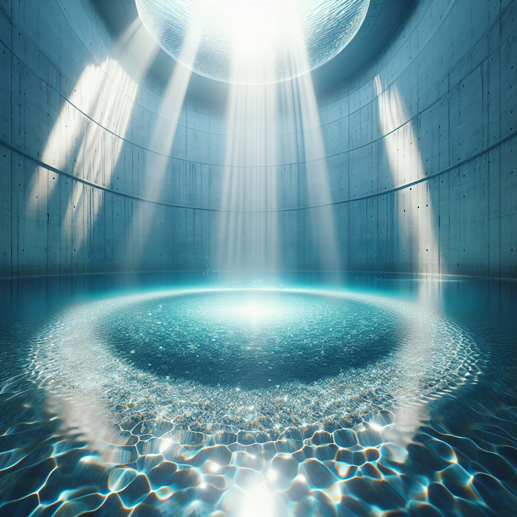 A pristine, clean underground rainwater cistern, filled with crystal-clear, sparkling fresh water. Sunlight streams in, illuminating the clean walls and bottom, with no signs of sludge or algae. The water surface is calm and reflective, conveying freshness and purity, suggesting a well-maintained system. Realistic, bright and refreshing.