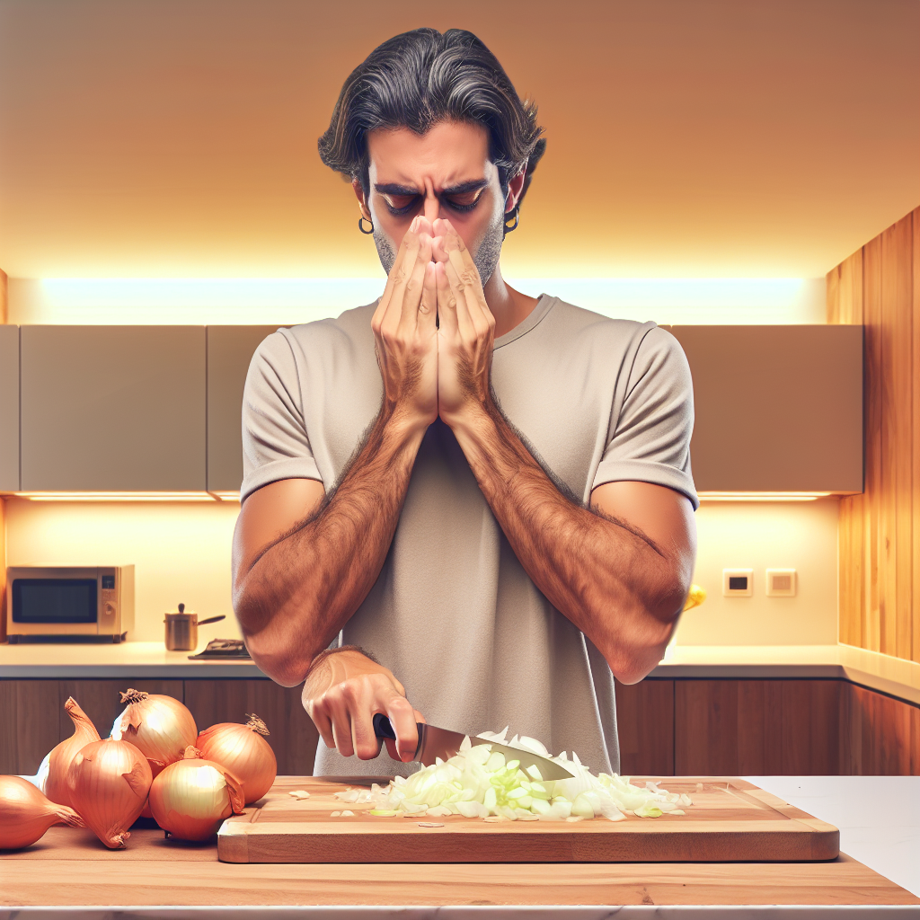 Photorealistic image of a person in a modern kitchen, holding their hands close to their nose with a slightly frustrated expression, clearly bothered by a lingering onion smell after chopping a pile of fresh onions on a wooden cutting board. The background shows a clean kitchen counter. Warm, natural lighting, conveying an unpleasant scent.