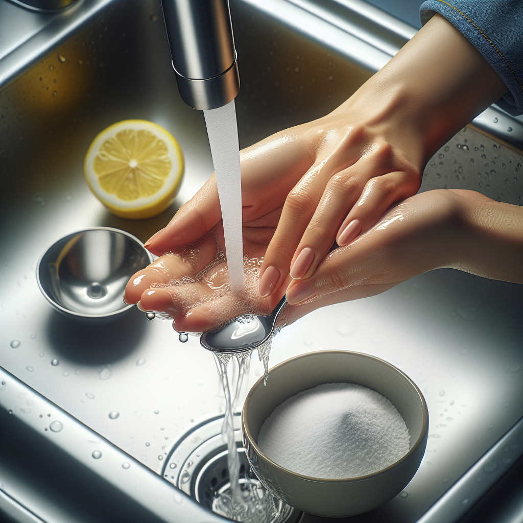 Photorealistic close-up of hands under a gentle stream of running water in a sleek kitchen sink, one hand lightly touching a stainless steel spoon or the sink's stainless steel edge. In the soft-focus background, a fresh lemon half and a small bowl of white baking soda are visible. The scene should convey cleanliness, freshness, and effective odor removal with bright, clean lighting.