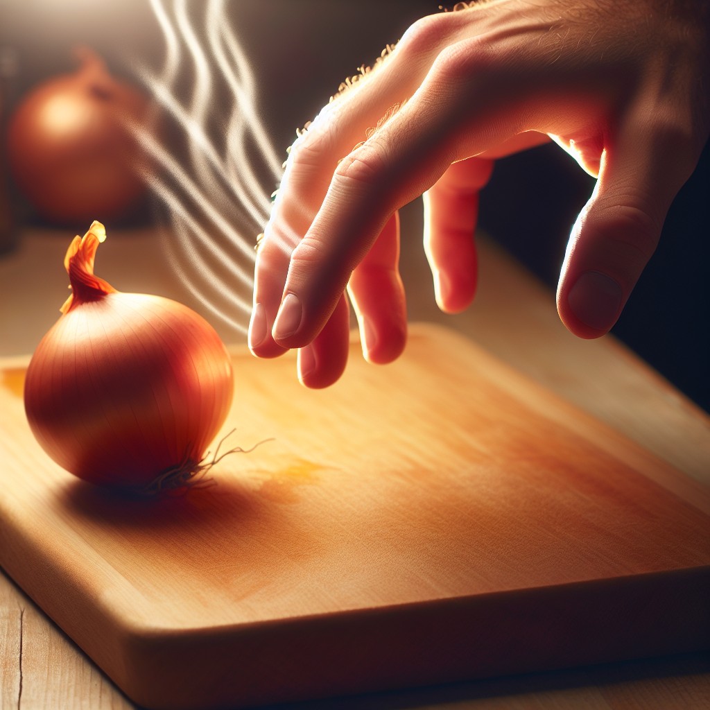 A close-up shot of a hand with fingers prominently displayed, subtly emitting a light, wavy odor, next to a freshly chopped onion on a cutting board in a modern kitchen. The lighting is warm and clear, emphasizing the lingering smell.