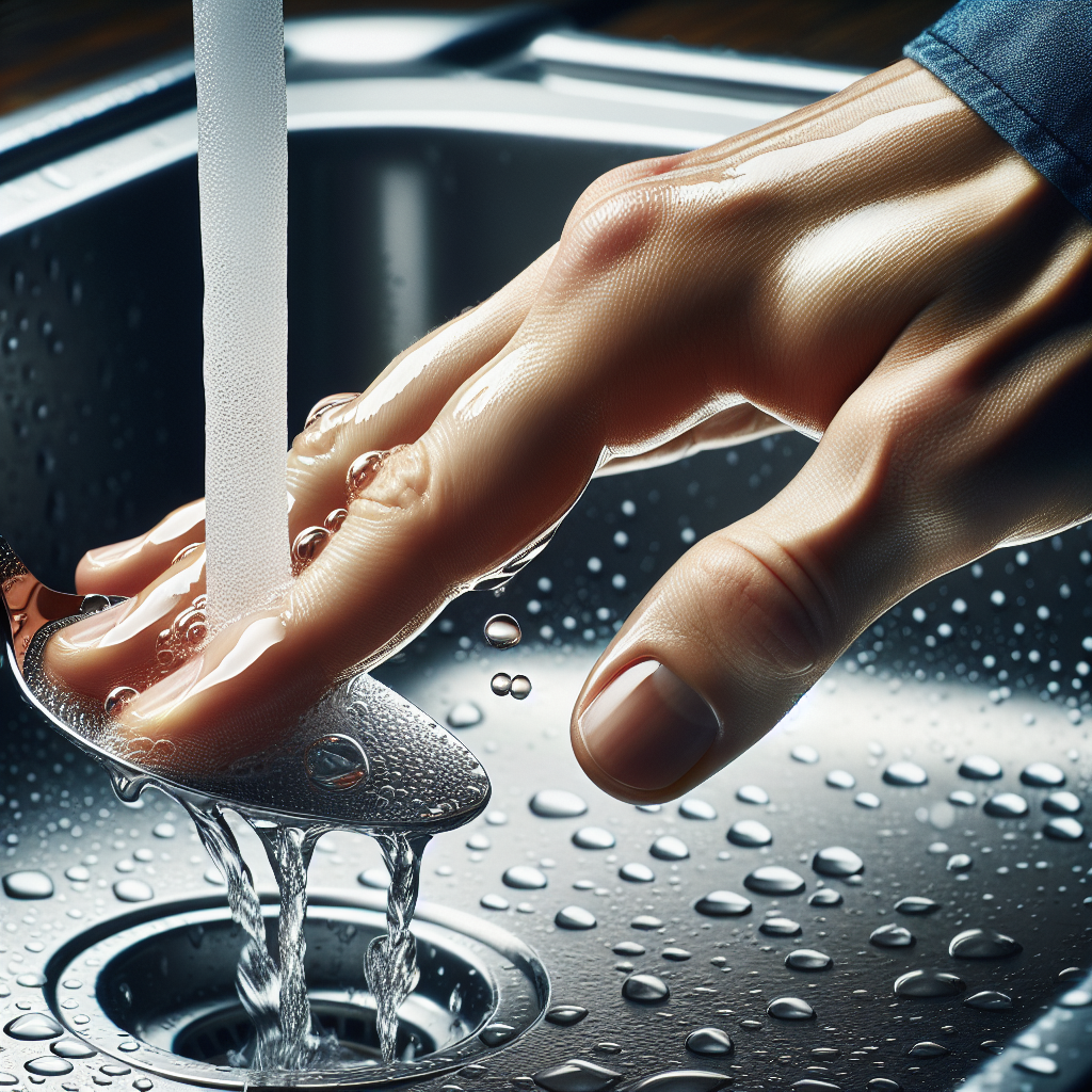 A close-up of a hand with fingers being rubbed against a shiny stainless steel spoon under a gentle stream of running water in a modern kitchen sink. The focus is on the action of neutralizing odors, with subtle light reflections on the steel surface.