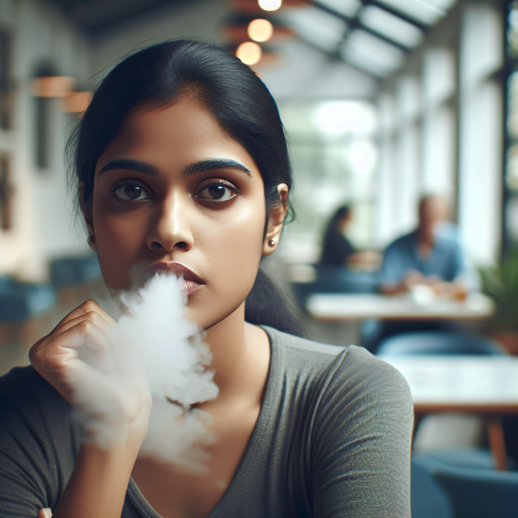 A person, looking slightly self-conscious, subtly exhaling a faint, almost invisible 'onion breath' cloud, perhaps in a bright, modern cafe setting or at a lunch table. Emphasize the slight discomfort and the lingering smell after a meal. Cinematic, realistic photo.