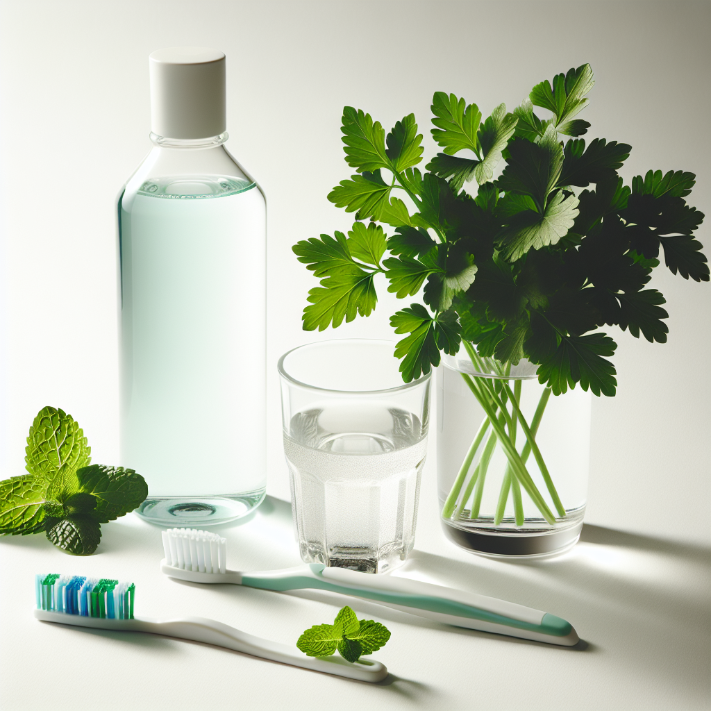 A fresh and clean still life arrangement on a bright white background, featuring items for oral hygiene: a toothbrush, a sprig of fresh green parsley and mint leaves, a glass of water, and a bottle of mouthwash. The scene should evoke freshness, cleanliness, and natural remedies. Studio lighting, high detail.