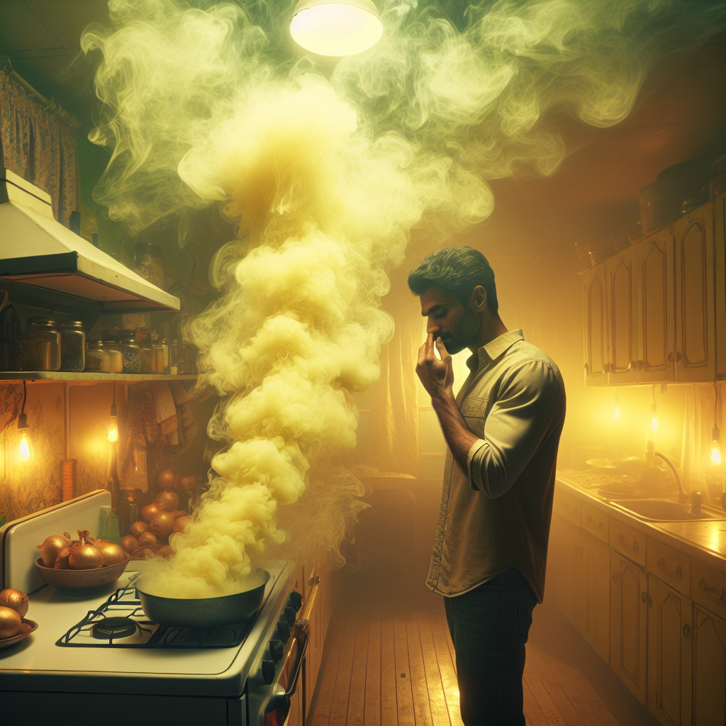 A cozy, slightly cluttered apartment kitchen, with visible, swirling translucent yellow-green haze emanating from a stovetop where onions were recently cooked. The air feels heavy with a lingering, unpleasant smell. A person is gently fanning their hand in front of their nose with a slightly displeased expression, trying to air out the room. Realistic, warm kitchen lighting, focus on the atmospheric effect of the odor.