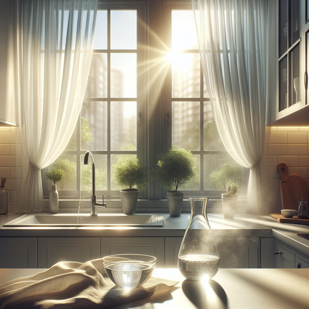 A bright and fresh apartment kitchen, with wide-open windows allowing a gentle breeze to make sheer white curtains flutter. Sunlight streams into the room. On a kitchen counter, there is a small, elegant bowl filled with clear liquid (representing vinegar water) and another small bowl with freshly ground coffee, subtly placed. The overall atmosphere is clean, airy, and inviting, symbolizing the successful removal of bad odors. Realistic, tranquil, morning light.