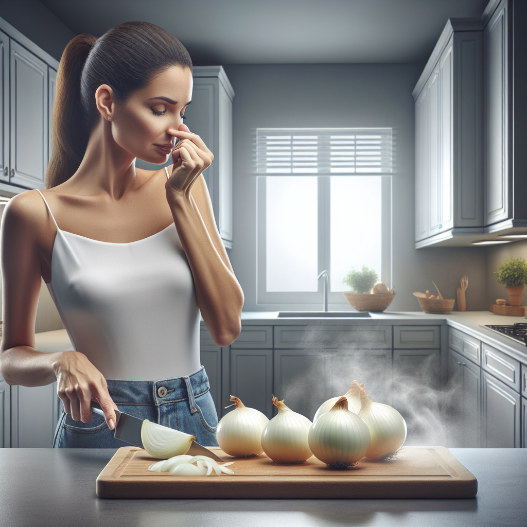 A modern, clean kitchen space with a subtle, almost invisible, unpleasant onion odor lingering in the air. A person subtly pinches their nose while looking towards an open window, indicating a strong, unwelcome smell. On the counter, a cutting board with a few sliced onions. Bright, natural lighting, realistic photography style, slight atmospheric haze to represent the smell.