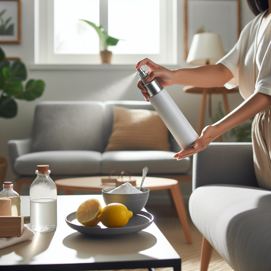 A bright, clean home interior scene, conveying a fresh atmosphere. A person is lightly misting a sofa with a sleek, modern fabric freshener spray bottle. On a nearby coffee table, there's a bowl of baking soda, a sliced lemon, and a small bottle of white vinegar, artfully arranged. Soft, natural light streams in, emphasizing an inviting, odor-free environment. Minimalist, modern photography style.