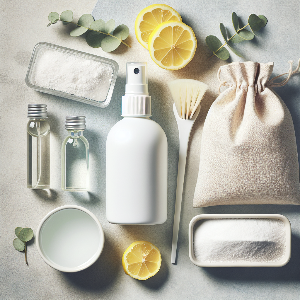 A visually appealing flat lay of various odor-fighting items on a light, textured surface. Include a generic, modern fabric spray bottle, a small bag or bowl of baking soda, a bottle of white vinegar, and several fresh lemon slices. The arrangement should be clean and aesthetically pleasing, suggesting natural and product-based solutions. Focus on crisp details and bright, inviting lighting.