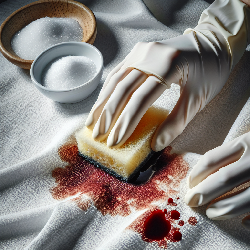 A hand in a light-colored glove gently dabbing an old, dried blood stain on a piece of white fabric with a sponge soaked in a cold water and salt solution. A small bowl of salt and water is visible in the background. The scene is bright, clean, and practical, illustrating the cleaning process. Realistic, top-down view.