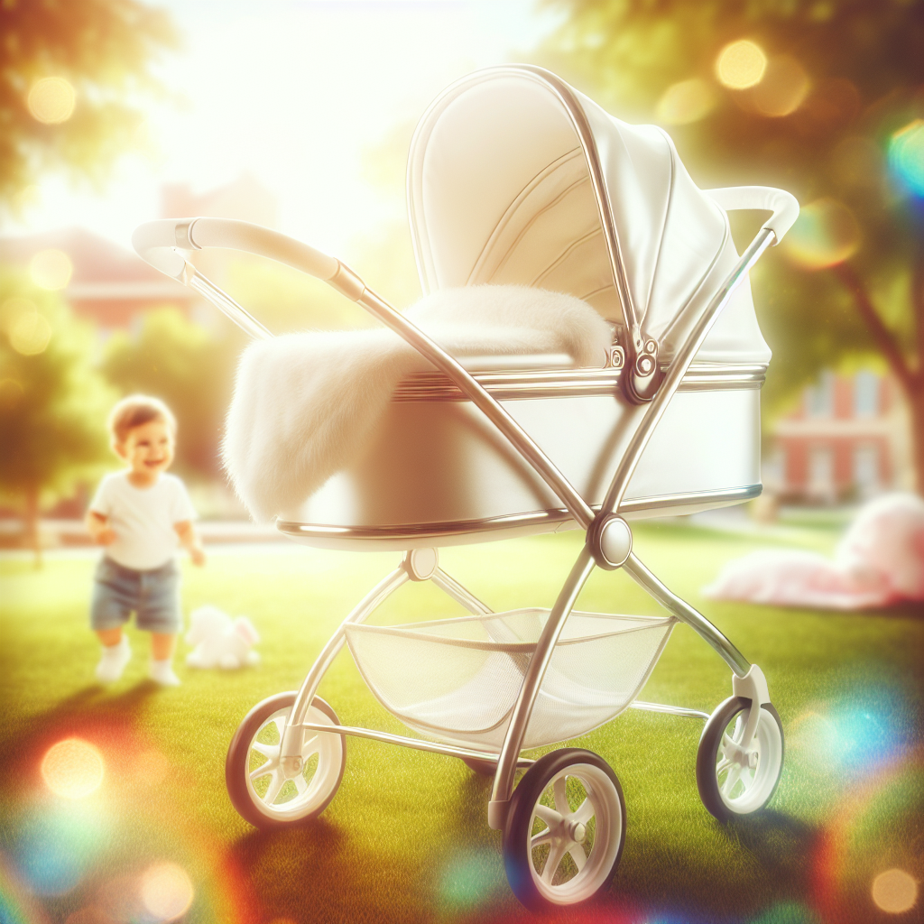 A sparkling clean and inviting baby stroller, looking pristine and hygienic, perhaps with a soft, clean blanket draped inside. The stroller is positioned in a bright, serene environment, possibly a park or a well-lit room. In the soft-focus background, a happy baby or toddler is subtly playing nearby, emphasizing comfort and the joy of a clean environment. Bright, airy colors, realistic style.