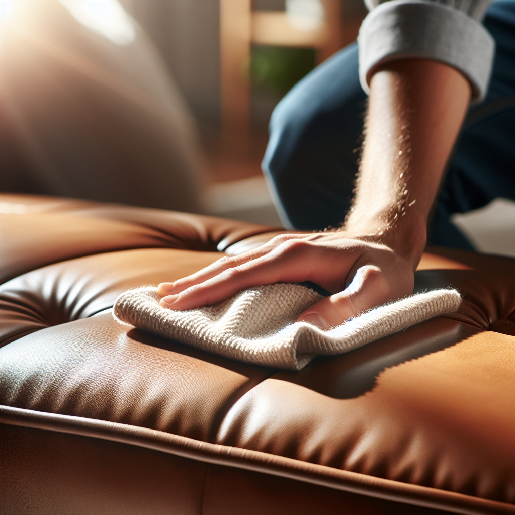 A close-up of a hand gently wiping a visible stain off a luxurious, light brown leather sofa with a soft, white cleaning cloth. The background is slightly blurred, hinting at a modern living room. The focus is on the action of cleaning and restoring the leather, with natural light illuminating the scene. Realistic style.