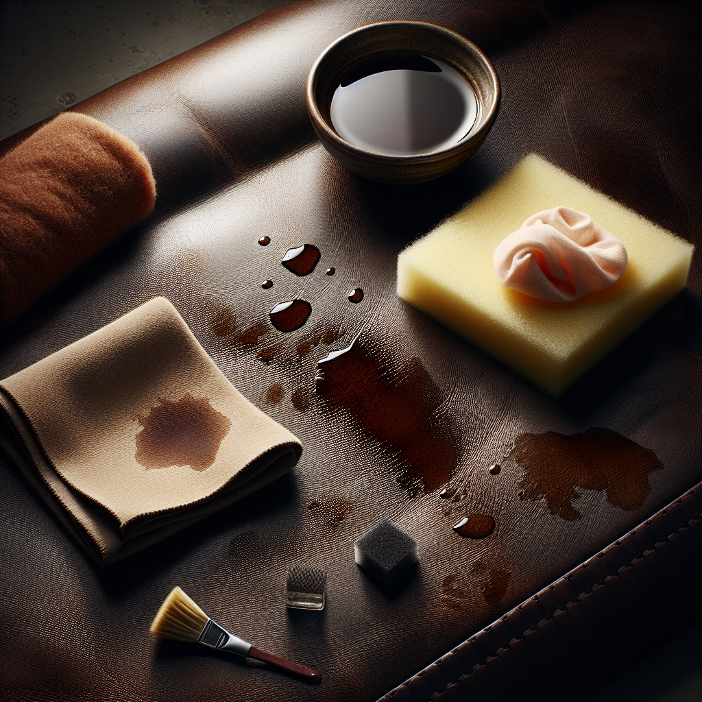 A still life shot showing a collection of common stains (a small water mark, a faint grease stain, and a tiny ink spot) on a rich, dark brown leather surface. Next to it, essential leather cleaning tools are neatly arranged: a soft, folded microfiber cloth, a small ceramic bowl with a clear liquid, and a delicate sponge. The lighting is soft and even, highlighting the texture of the leather and the contrast with the imperfections. High-resolution, realistic style.