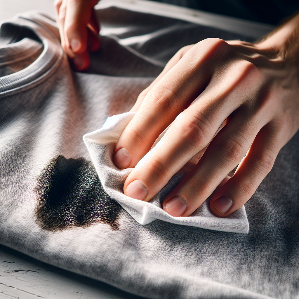 A close-up of a hand gently dabbing a fresh, dark stain on a light grey polyester t-shirt with a white cloth. The fabric texture is clearly visible, and the scene is brightly lit, evoking a clean, domestic atmosphere. Focus on the action of stain removal.