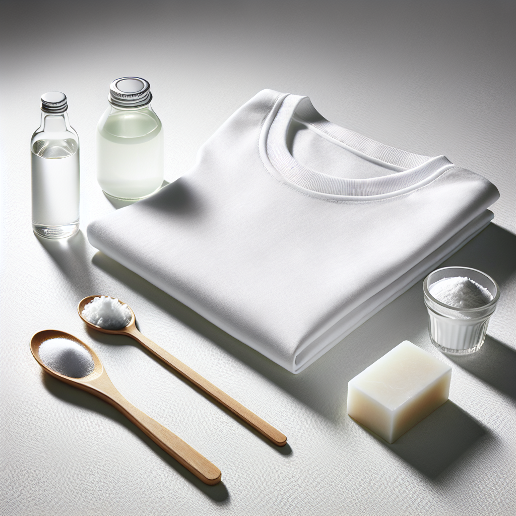 A pristine, clean white polyester shirt or textile lying flat on a minimalist surface. Neatly arranged beside it are small, iconic items representing home remedies for cleaning: a small glass bottle of white vinegar, a spoon with baking soda, and a bar of natural soap. The scene is brightly lit and clean, emphasizing effective household cleaning.