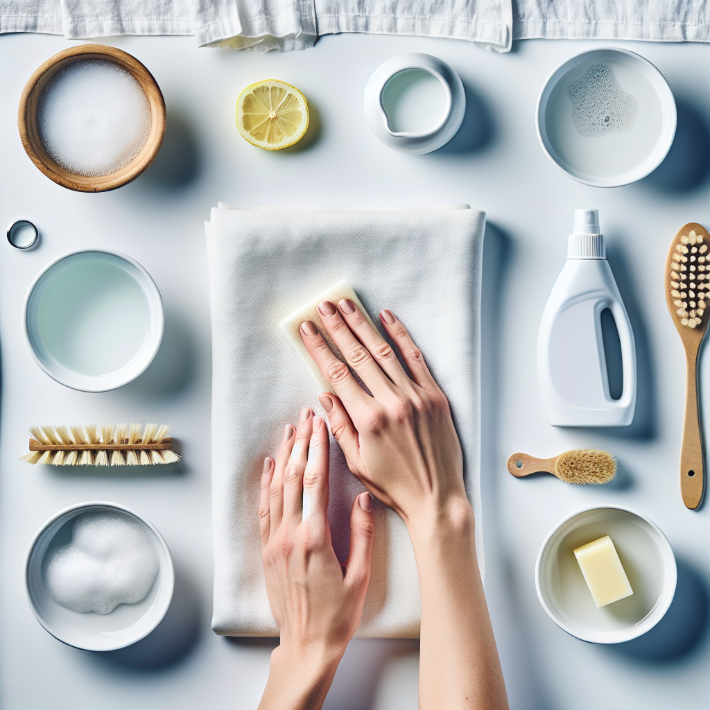 A bright, clean, and detailed flat lay (top-down view) photographic shot on a light surface, showcasing various stain removal methods and tools. A hand is gently dabbing a fresh stain on a folded piece of white fabric with a small sponge. Surrounding it are small bowls with water/detergent, a spray bottle of stain remover, a soft brush, a bar of laundry soap, and a natural element like a lemon wedge or baking soda, symbolizing different types of treatments. The aesthetic is clean, organized, and inviting, suggesting effective solutions.