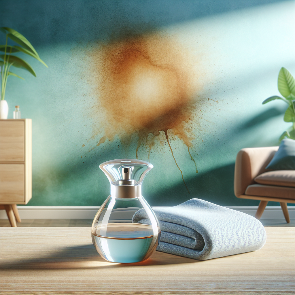 A brightly lit, clean wall in a modern living space, showing a very faint, almost completely removed coffee stain, suggesting a successful cleaning. In the foreground, on a simple wooden surface, rests a small, clear glass bowl filled with a homemade cleaning solution and a clean, folded microfiber cloth. The atmosphere is fresh and tidy, symbolizing effective home remedies.