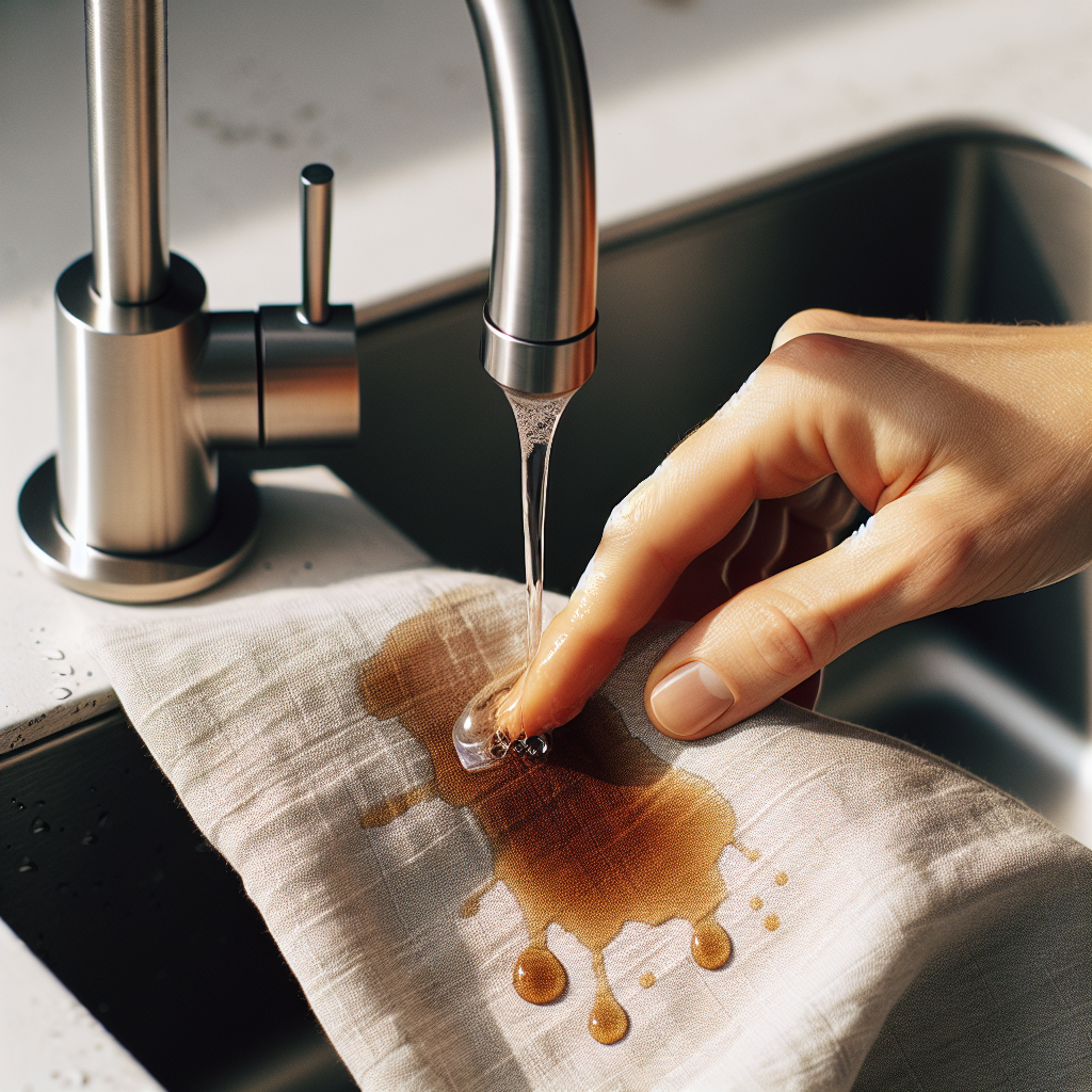 A hand gently dabbing a fresh coffee stain on a piece of light-colored fabric under a stream of cold water from a kitchen tap, illustrating the cleaning process. Bright, clean, and practical photography.