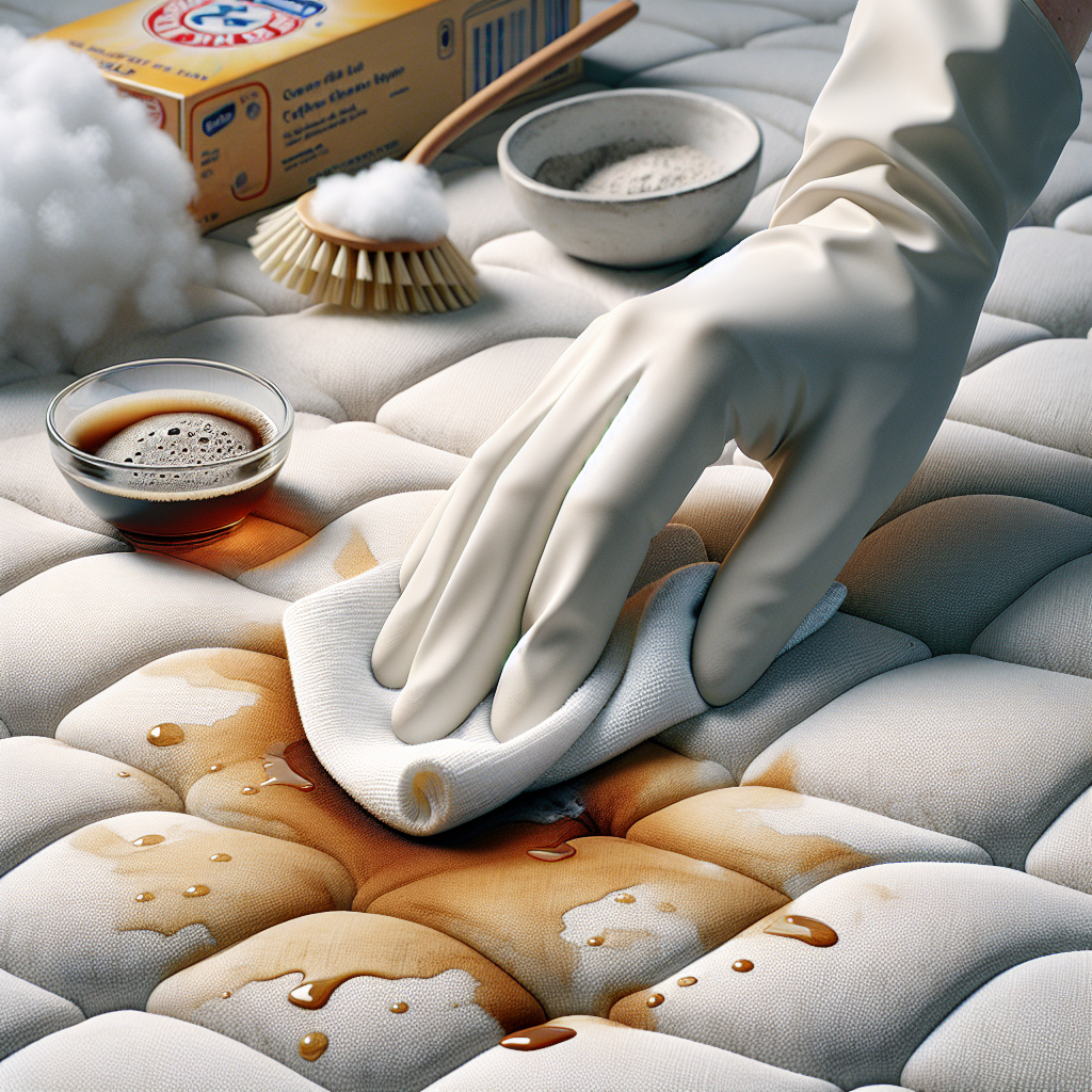 A person's hand, wearing a light-colored glove, gently dabbing a white cloth onto a visible but fading coffee stain on a textured mattress. In the background, slightly blurred, are cleaning supplies like a small bowl of soapy water and a container of baking soda. The aesthetic is clean, bright, and focused on the cleaning process. Realistic.