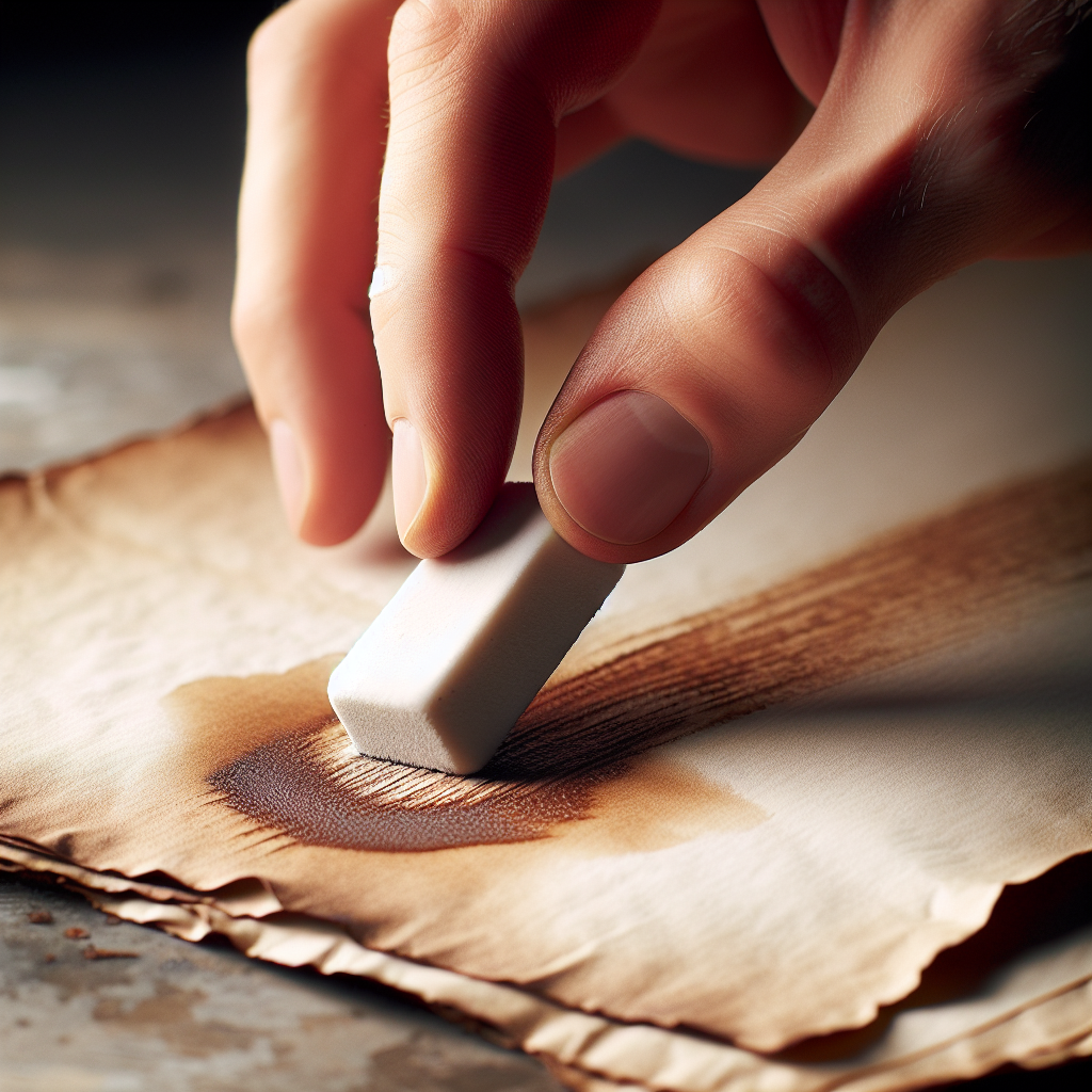 Close-up of a hand carefully using a soft, white art eraser to gently rub a dried, light brown coffee stain on a textured sheet of old, beige paper, possibly a vintage letter or a notebook page. Focus on the precision of the action and the subtle effect of the eraser. Detailed, clean aesthetic, natural light.
