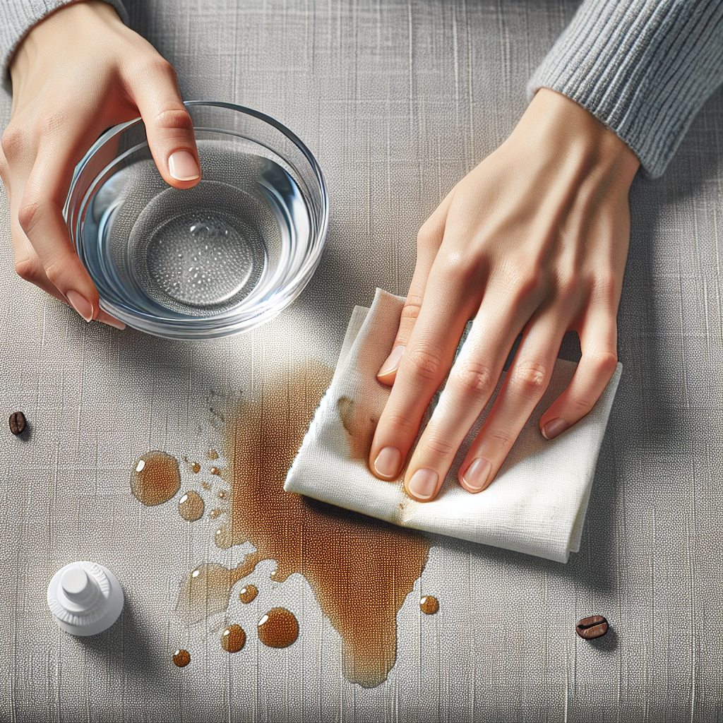 Overhead shot illustrating the process of removing a coffee stain from light grey fabric upholstery. A hand with a white cloth, dampened with a soapy water solution, gently dabs a faint coffee stain. A small, clear bowl containing water and a few drops of liquid soap is visible nearby. Clean, bright aesthetic with soft, diffused lighting. Focus on the cleaning action and natural home remedies. Realistic style, high detail.