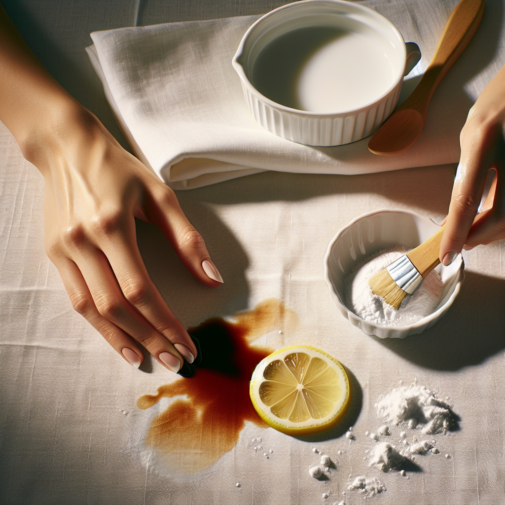 A close-up on a white tablecloth with a persistent coffee stain. Next to the stain, there's a small dish of baking soda and a sliced lemon. A hand is carefully applying a mixture of baking soda paste onto the stain. The lighting is warm and inviting, suggesting a domestic, problem-solving scene. Focus on the texture of the baking soda paste and the fabric. Clean, natural aesthetic, photorealistic.