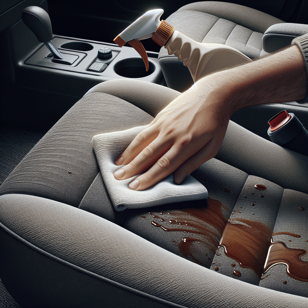 A person's hands are carefully dabbing a stubborn brown coffee stain on a dark grey fabric car seat with a clean white microfiber cloth. The focus is on the cleaning action and the texture of the car seat fabric. A generic cleaning spray bottle is subtly visible in the background, suggesting cleaning supplies. Realistic, practical, and clean aesthetic.