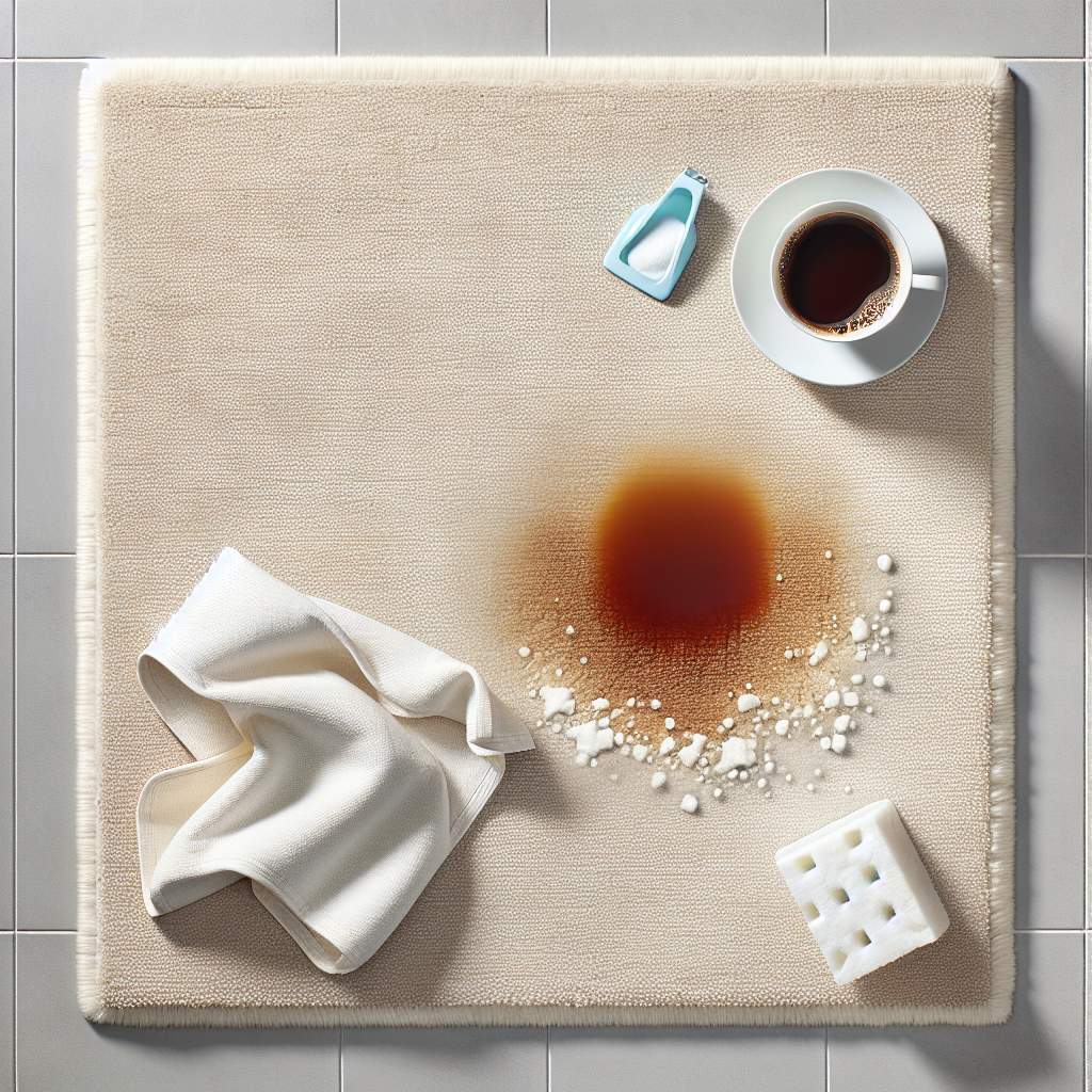 An overhead shot depicting a pristine, light-colored carpet with a perfectly clean spot where a coffee stain was just removed. Beside it, a small heap of white baking soda and a damp, clean cloth are visible, implying successful cleaning. Bright, airy, and clean home environment. Realistic.