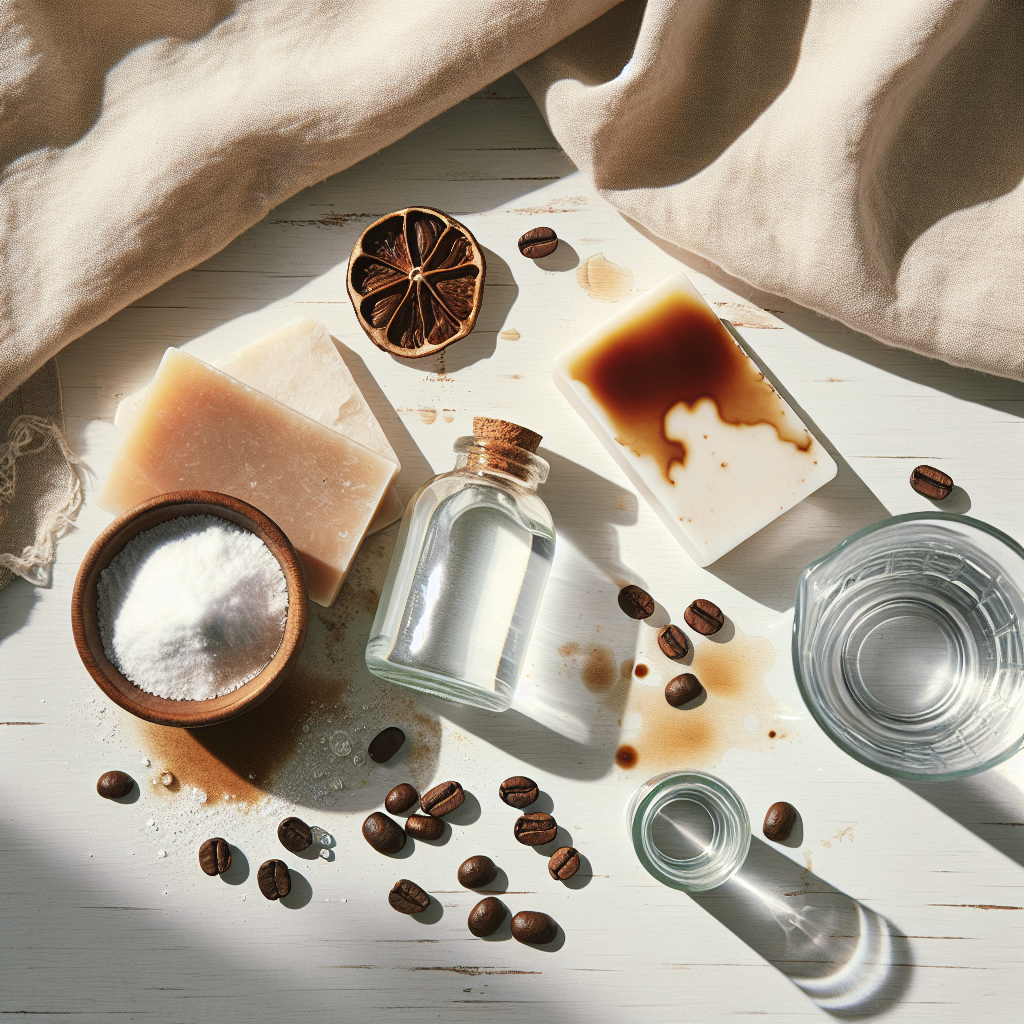 An artfully arranged flat lay of various natural household remedies against coffee stains on a light wooden surface. Include a small pile of white baking soda powder, a rustic bar of gall soap, a small clear bottle of vinegar, and a glass of sparkling water. A corner of a subtly coffee-stained fabric is also visible, suggesting the context. Bright, clean, and organized aesthetic with natural light.