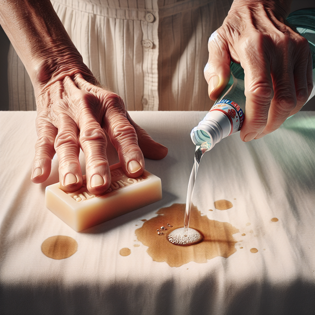A pair of hands, with a slightly older, comforting appearance, gently applying a traditional cleaning agent (like a bar of bile soap or pouring sparkling water) onto a coffee stain on a piece of white laundry. The background hints at a simple, clean household setting, conveying a sense of practical wisdom and effective home remedies. Soft focus on the background, sharp focus on the hands and stain. Natural lighting. Realistic style.
