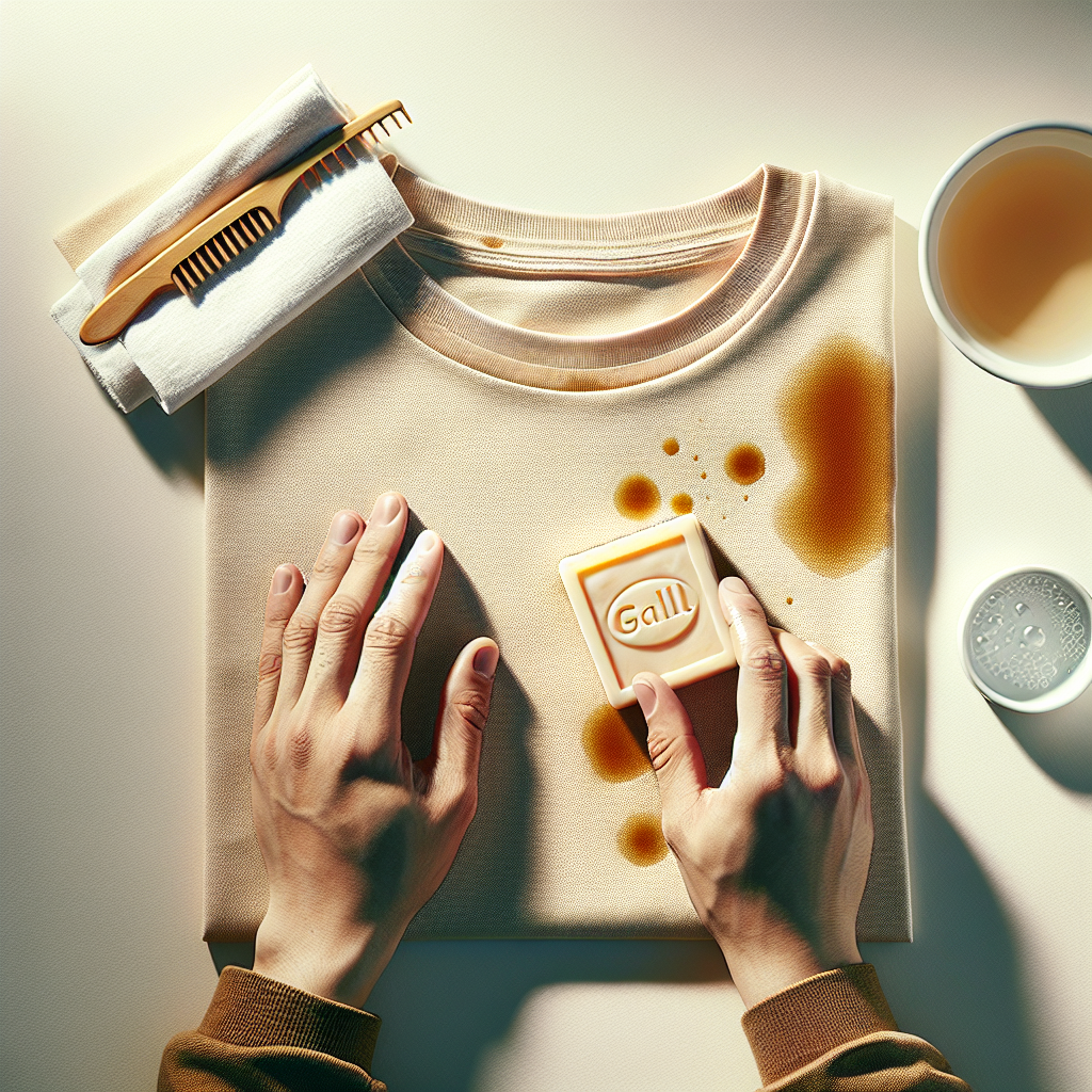 Overhead shot of hands gently rubbing a coffee stain on a light-colored t-shirt with a bar of Gallseife (gall soap). The t-shirt is laid flat on a clean, light surface, with a small bowl of water and perhaps a clean cloth nearby. Bright, natural lighting, conveying a sense of practical cleaning and home remedy.