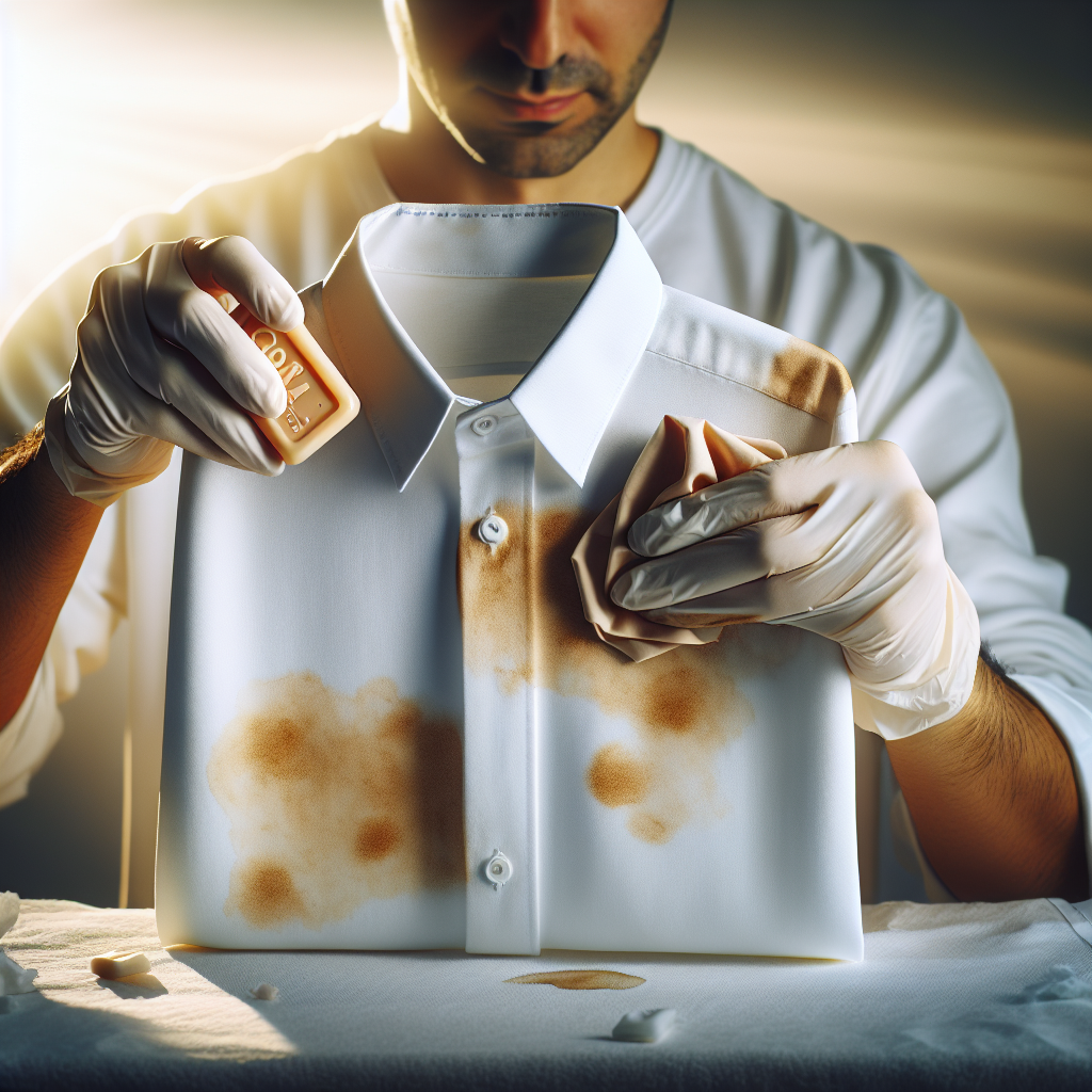 A clean, bright scene showing a person's hands gently treating a coffee stain on a white shirt. One hand is holding a bar of gall soap or a small pile of baking soda, which is being applied directly to a visible, light brown coffee stain on the white fabric of the shirt, which is laid flat on a clean surface. The background is blurred softly, focusing on the action. Realistic, clean aesthetic.