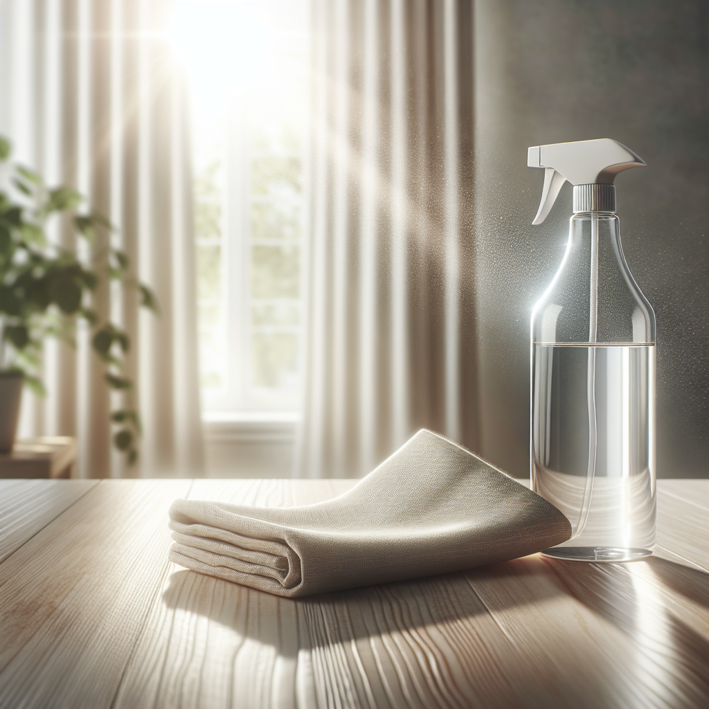 A clean, pristine section of a light-colored wooden table or a painted wall, with no visible marker stains. In the foreground, a bottle of isopropyl alcohol and a clean cotton cloth are subtly placed, suggesting successful cleaning. Bright, airy atmosphere, realistic style, focus on cleanliness and relief.