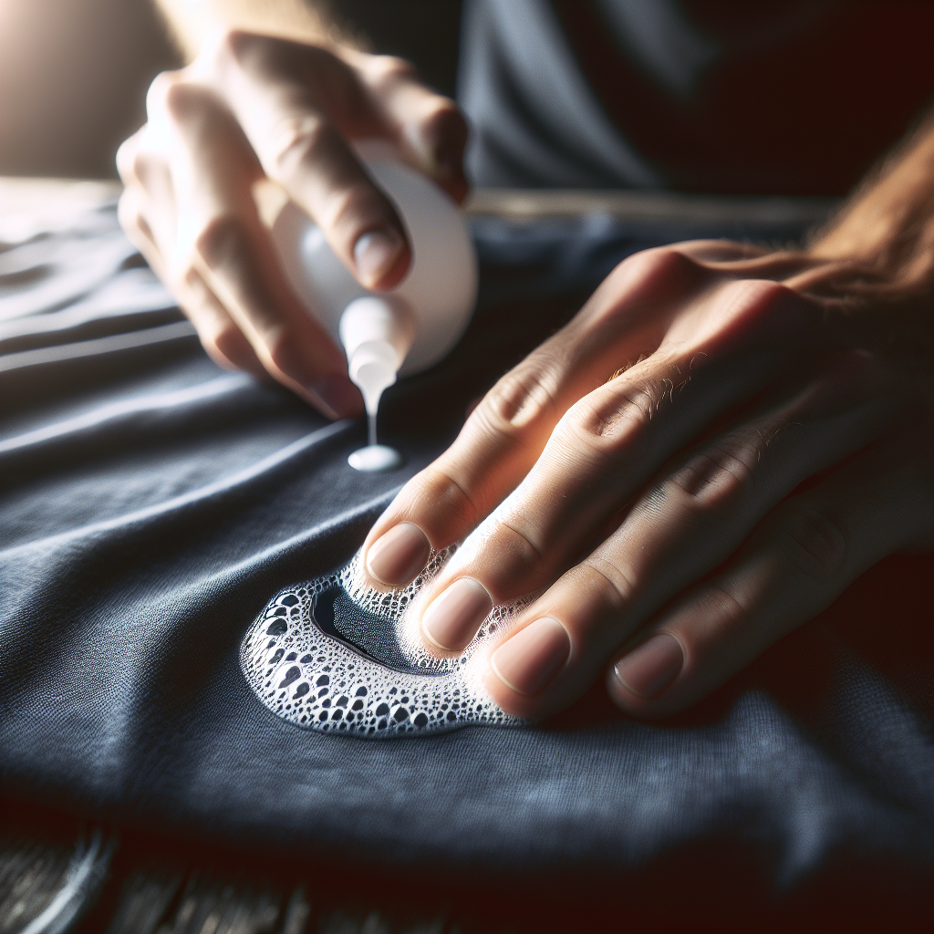 Close-up, photorealistic shot of hands gently applying a small amount of liquid dish soap directly onto a fresh, circular oil stain on a piece of dark fabric, like a navy blue t-shirt. A subtle lather is forming on the stain. The background is softly blurred, hinting at a domestic setting like a laundry room or kitchen counter. Natural, soft lighting highlights the precise cleaning action.