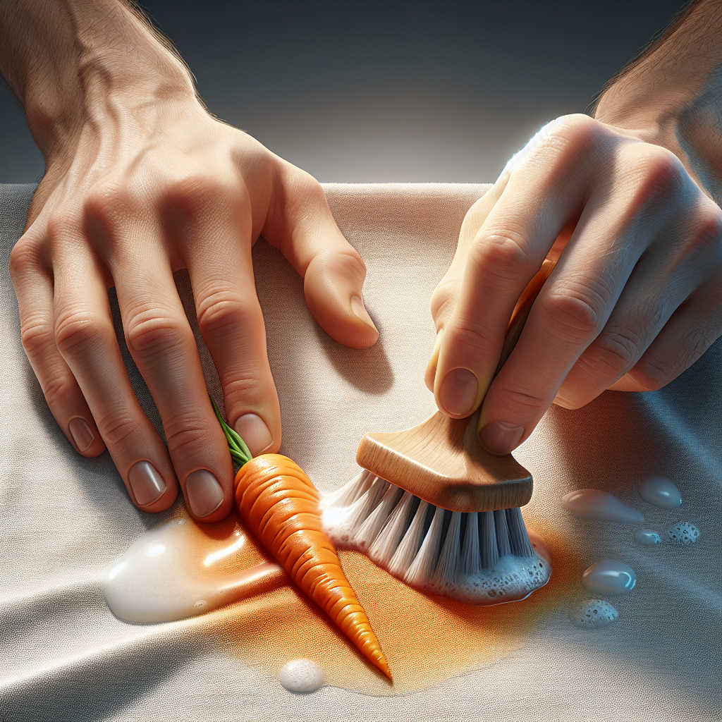 A pair of hands actively treating an orange carrot stain on a light-colored fabric. One hand is holding the fabric while the other is applying a cleaning solution or gently scrubbing the stain with a soft brush, creating some soap suds. Focus on the action and the process of effective stain removal. Realistic, bright and clean setting.