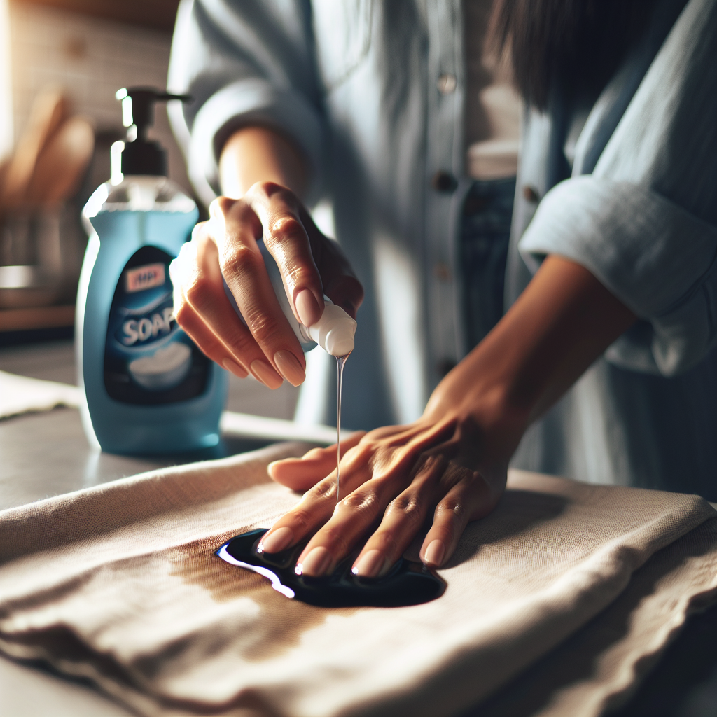 A pair of hands gently applying a few drops of liquid dish soap directly onto a dark motor oil stain on a piece of light-colored fabric. The hands are clean and focused on the task, with a bottle of dish soap visible in the soft-focus background on a kitchen counter. The scene should convey a sense of active cleaning and hope, with bright, clean lighting.