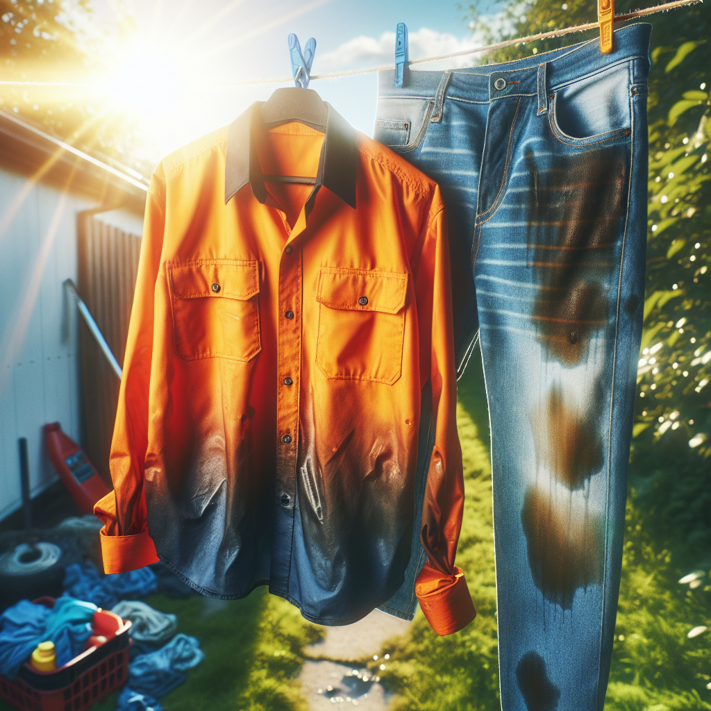 A freshly washed and stain-free work shirt or pair of jeans, looking perfectly clean and vibrant, hanging to dry on a clothesline under bright sunlight. In the background, subtly blurred, are hints of a garage or workshop, signifying the successful removal of motor oil stains.