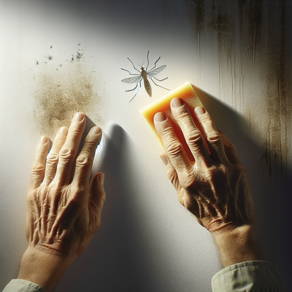 A person's hands gently applying a cleaning solution with a sponge to a visible mosquito stain on a light-colored wall. The scene conveys effective stain removal, with a focus on cleanliness and practical action. Realistic, bright lighting.