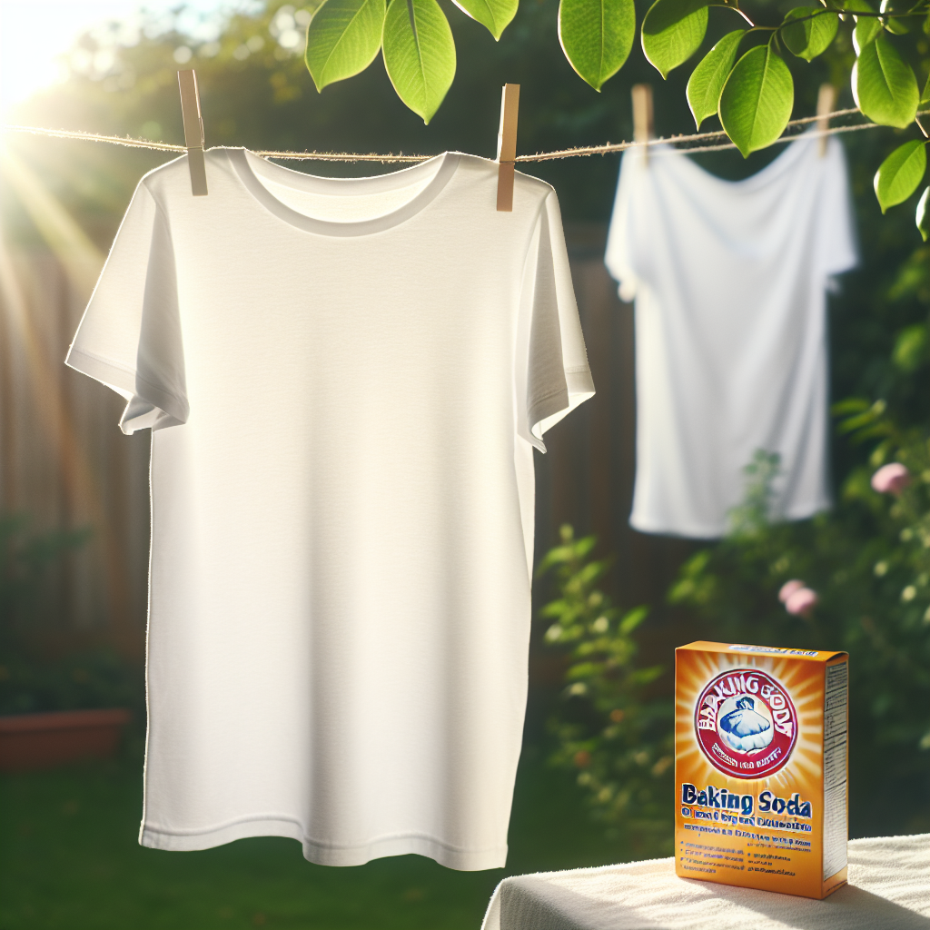 A beautifully clean, bright white t-shirt is hanging on a clothesline outdoors, gently swaying in a light breeze, sparkling in the sunlight. In the foreground, slightly out of focus, sits an open box of baking soda, subtly hinting at its role in achieving the pristine cleanliness. The background features soft, natural elements like green foliage or a clear sky, conveying freshness and effective stain removal.