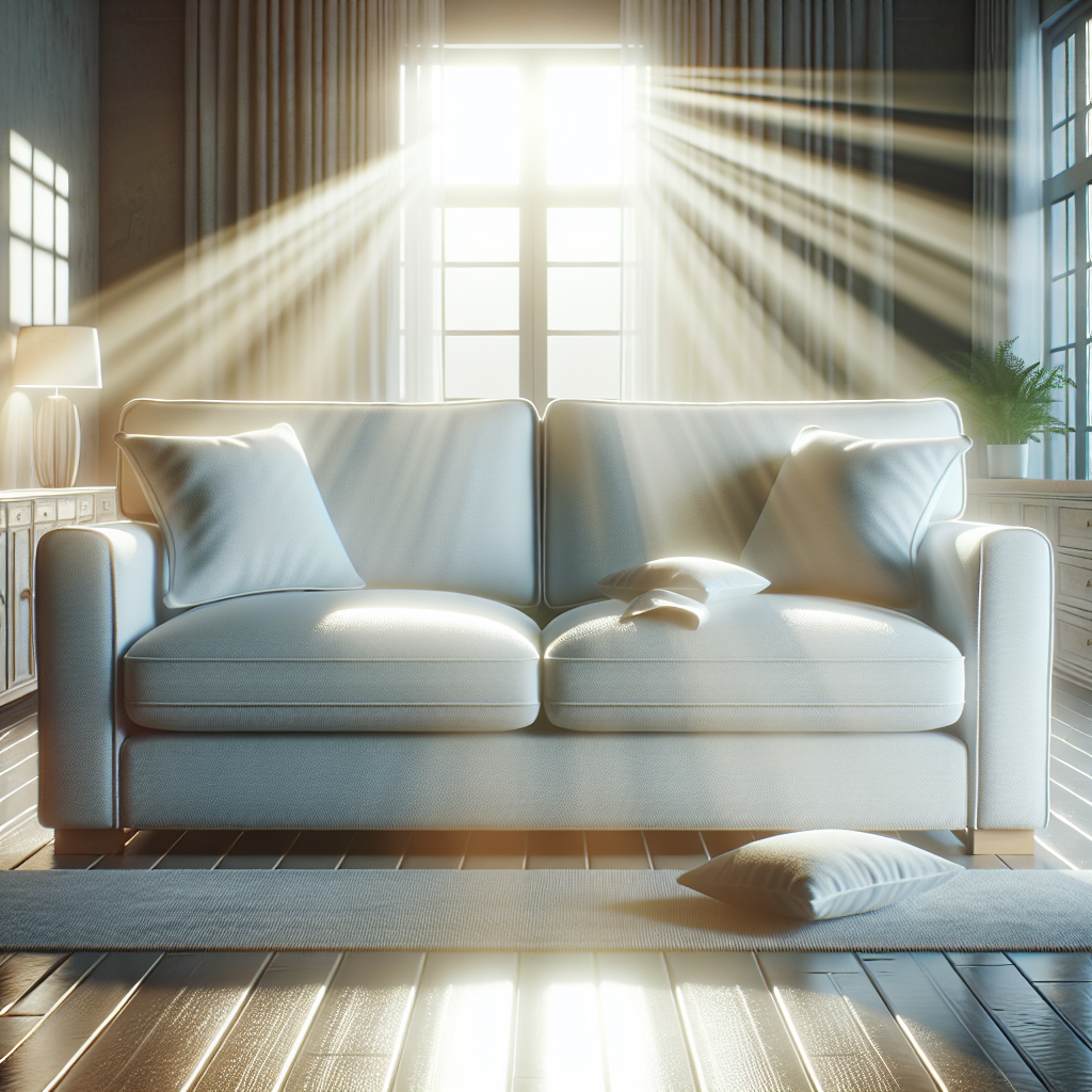 A wide, inviting shot of a perfectly clean and refreshed sofa in a modern, bright living room. The sofa is spotless and looks brand new, conveying comfort and freshness. Sunlight streams in through a window, illuminating the scene. The overall mood is serene and satisfying, emphasizing the successful result of cleaning. High detail, photorealistic.