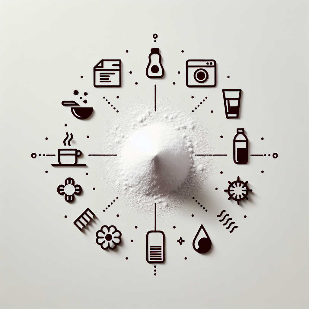 A modern, clean flat lay composition featuring a small, neat pile of white baking soda powder at the center. Around the baking soda, subtly arranged small graphic elements representing common household stains: a coffee cup ring, a red wine splash, a grease splatter, and a sweat droplet. The background is a simple, light surface, conveying a sense of versatility and effective cleaning. Bright, minimalist, informational aesthetic.