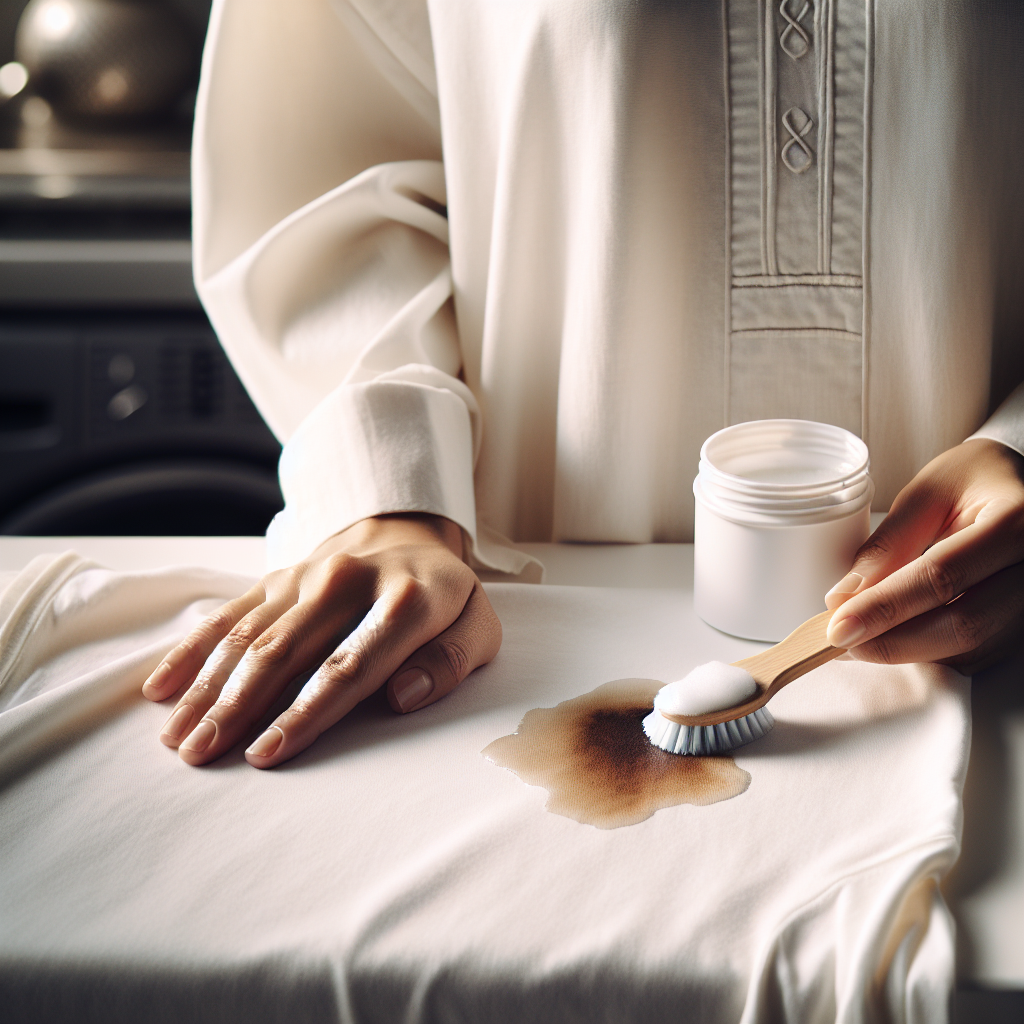 A pristine white cotton t-shirt with a small, partially dissolved coffee stain. A hand is gently dabbing a prepared baking soda (Natron) paste onto the stain with a soft brush or a finger. The background is a clean, minimalist kitchen counter or laundry room, suggesting a practical, effective household remedy. The focus is on the action of stain removal and the transformation to cleanliness. Soft, natural light.