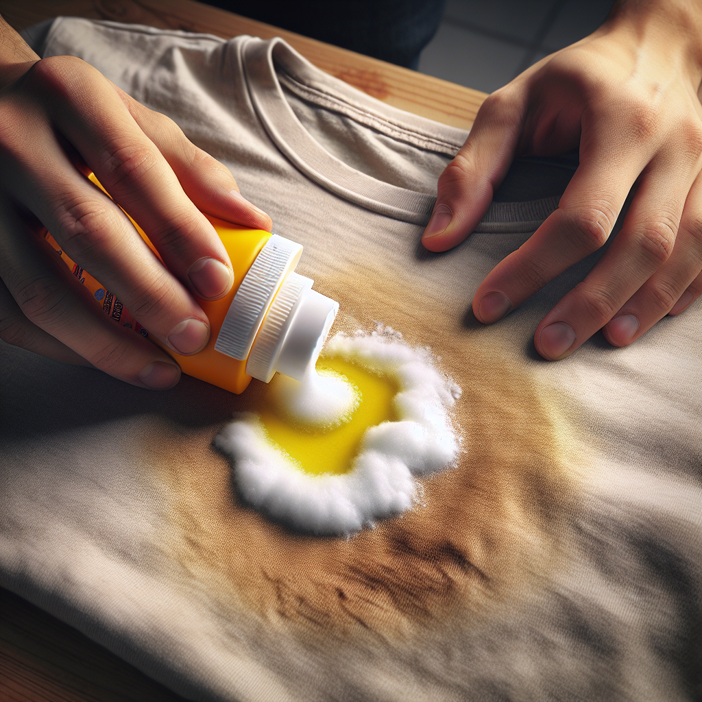 A pair of hands gently applying a thick white baking soda paste onto a visible yellow sweat stain on a light-colored fabric, like a t-shirt. The focus is on the action of applying the paste to the stain. The background is softly blurred, implying a clean laundry or bathroom setting. Realistic, detailed, well-lit photograph.
