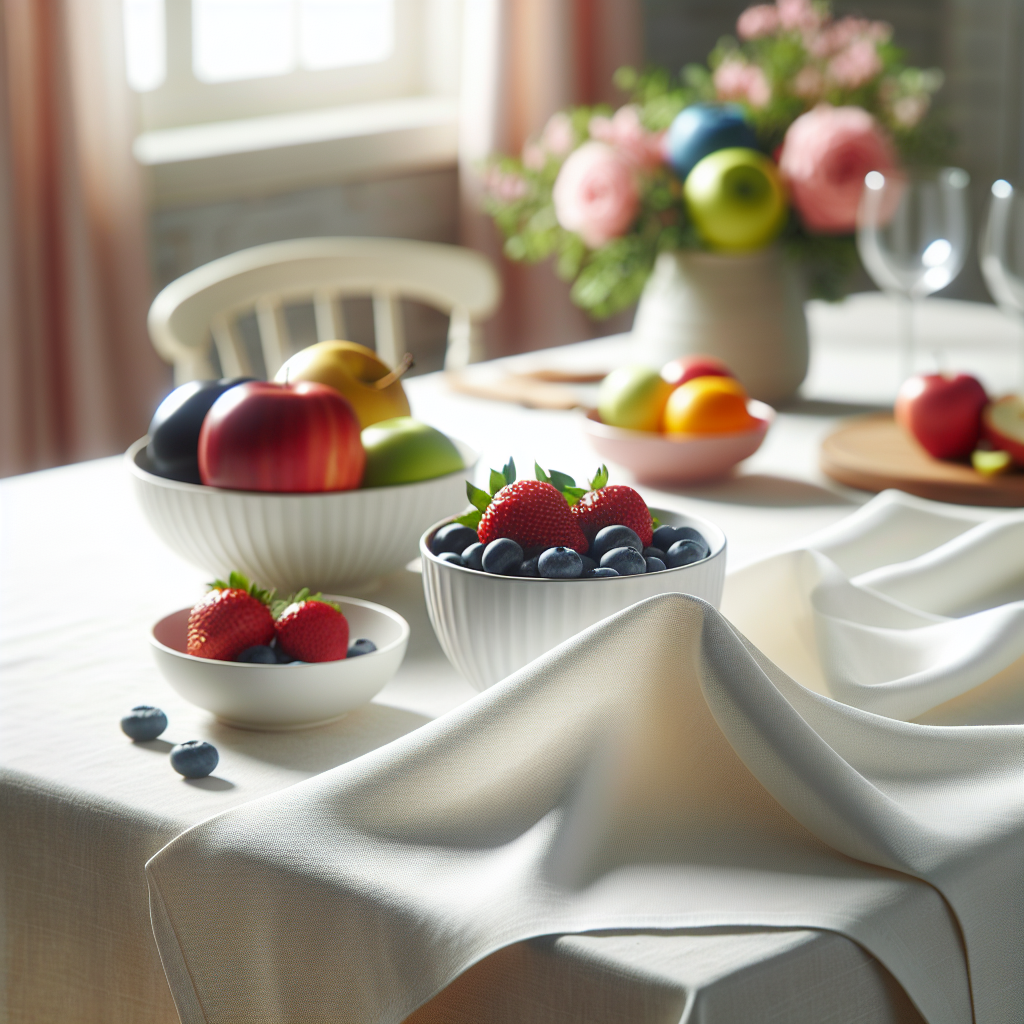 A perfectly clean, pristine white linen tablecloth draped smoothly over a dining table, completely free of any stains. In the softly blurred background, colorful bowls of fresh berries (strawberries, blueberries) and sliced apples are visible, hinting at potential mess but emphasizing the successful removal of any fruit stains. Soft, natural lighting, conveying a sense of freshness and cleanliness. High-quality product photography style.